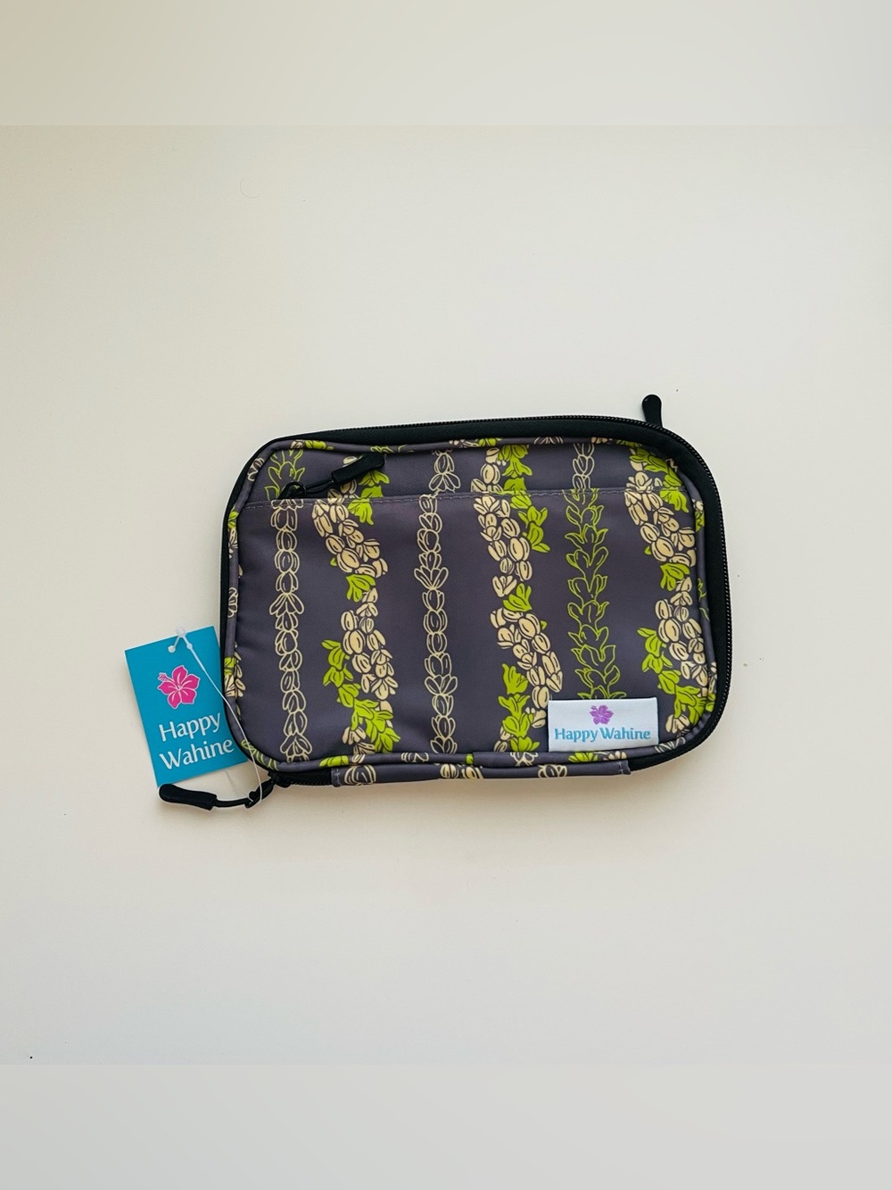 HAPPY WAHINE Tech Organizer Pouch in Hawaiian Pakalana Print Charcoal and Lime